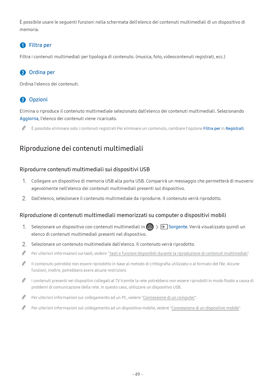 Samsung UE65LS003AUXZT, UE65MU6442UXXH manual Riproduzione dei contenuti multimediali,  Filtra per,  Ordina per,  Opzioni 